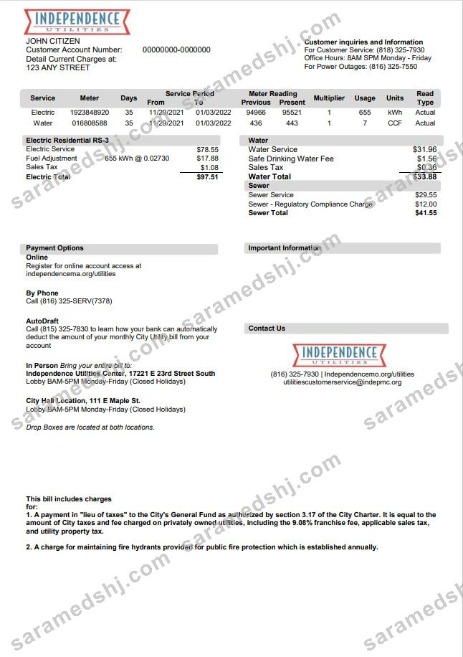 USA Missouri Independence Utilities utility bill template in Word and PDF format, version 2